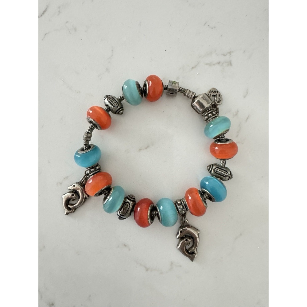 VTG Y2K Charm Bracelet Sterling Silver 925 Glass Beads Slider Dolphin Football